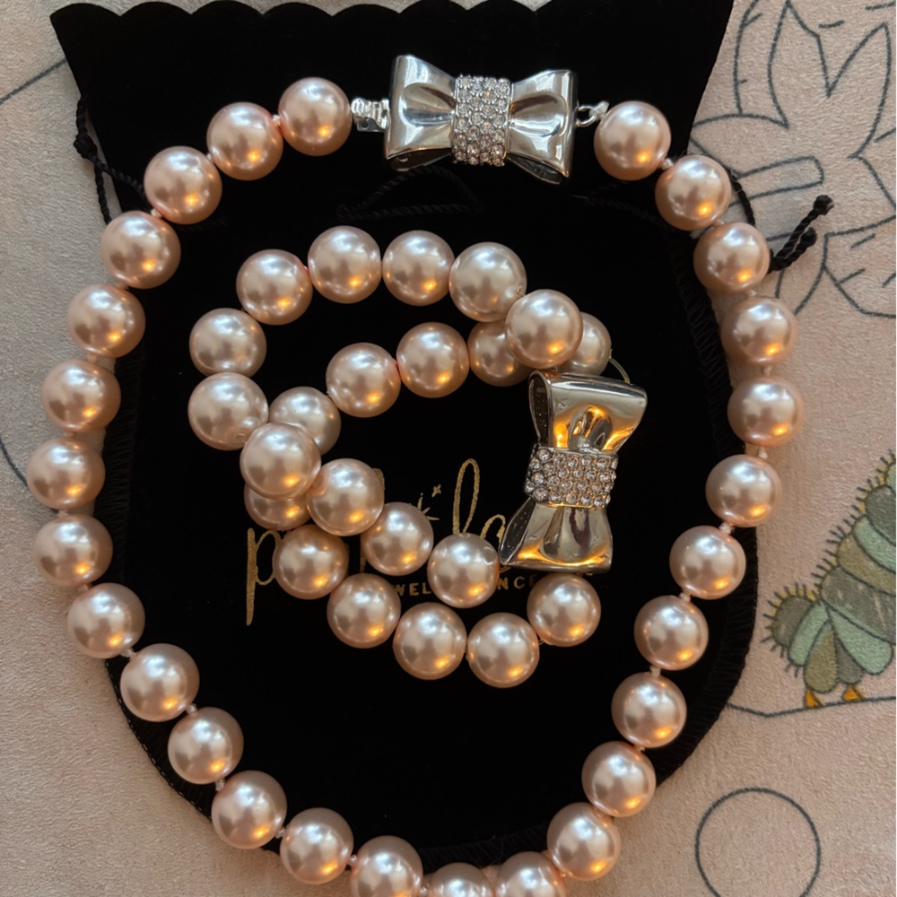 Park Lane PearlBow Necklace & Bracelet Set - Pink Pearls with Silver Bow Accents